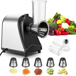 Trancheuse à légumes électrique, Pour des tranches fines de légumes. – appareil RAF multifonction Pour râper des légumes. -Hachoir électrique découpe légumes électrique Râpe électrique 150W avec 4 cônes en acier inoxydable moulin a légumes pour cousine-