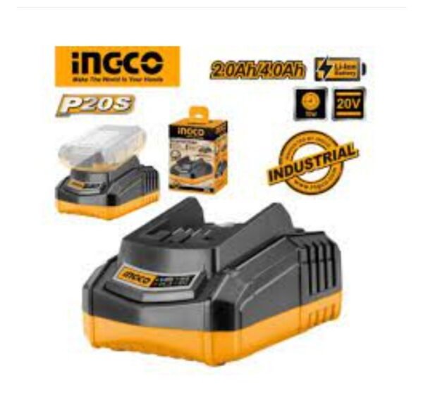 chargeur de batterie Ingco FCLI2001, conçu pour les batteries lithium-ion de 20 V. Chargeur intelligent rapide INGCO 20V