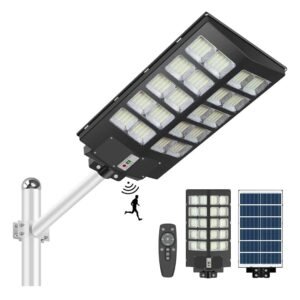 Lampadaire solaire 1500 W - Lampadaire solaire LED 6000 K 4000 lm du crépuscule à l'aube - Projecteur solaire extérieur avec capteur radar, étanche IP65, montage mural ou sur poteau [Classe énergétiq