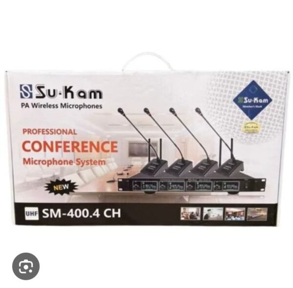 microphones de conférence sans fil de la marque Su-Kam.Le modèle est le Su-Kam PA SM-400.4 CH.Il  s'agit d'un système de microphones professionnels sans fil.Le système utilise la technologie UHF.Le boîtier contient quatre microphones à col de cygne – Image 2