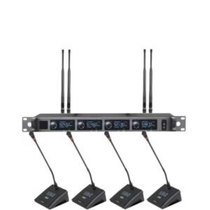 microphones de conférence sans fil de la marque Su-Kam.Le modèle est le Su-Kam PA SM-400.4 CH.Il  s'agit d'un système de microphones professionnels sans fil.Le système utilise la technologie UHF.Le boîtier contient quatre microphones à col de cygne