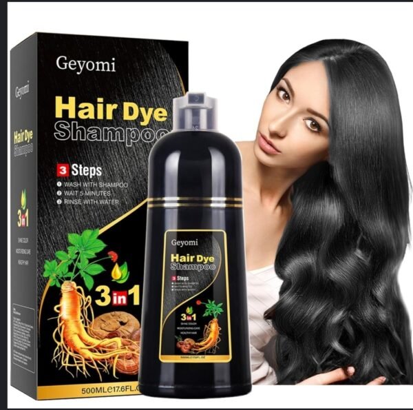 Shampoing pour cheveux coloration en Noir des cheveux - 500 ml Shampoing de couleur de cheveux longue durée 3 en 1, teinture pour cheveux noirs, pour femmes et hommes, couverture de sécurité à base de plantes naturelles, crème pour cheveux blancs et gris – Image 3
