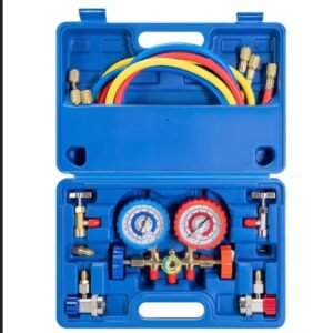 manomètres pour climatisation automobile, kit d'outils de charge de réfrigérant R134a/R404a à 3 voies, avec tuyaux, adaptateur à raccord rapide, robinet et coffret, pour le diagnostic, le test et la recharge du fréon des climatiseurs automobiles.