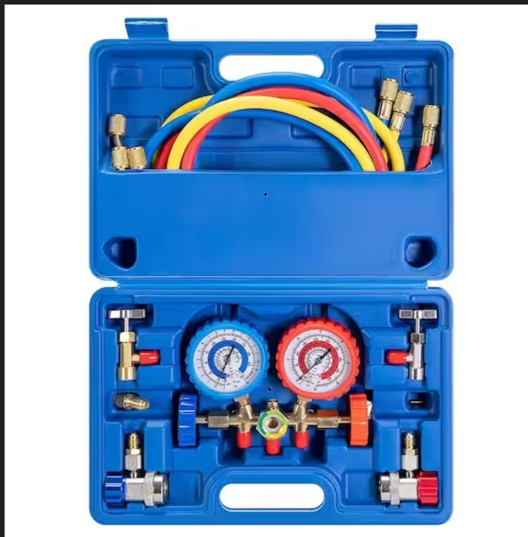 manomètres pour climatisation automobile, kit d'outils de charge de réfrigérant R134a/R404a à 3 voies, avec tuyaux, adaptateur à raccord rapide, robinet et coffret, pour le diagnostic, le test et la recharge du fréon des climatiseurs automobiles.
