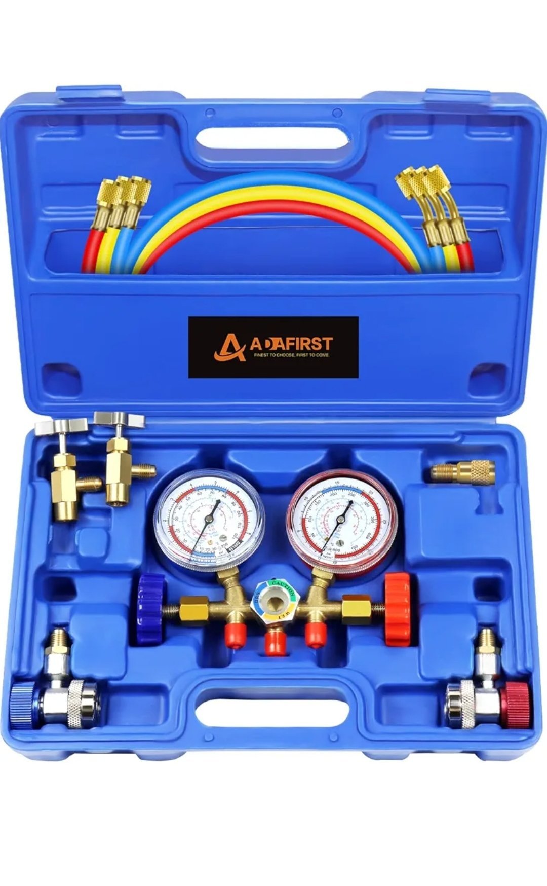 manomètres pour climatisation automobile, kit d'outils de charge de réfrigérant R134a/R404a à 3 voies, avec tuyaux, adaptateur à raccord rapide, robinet et coffret, pour le diagnostic, le test et la recharge du fréon des climatiseurs automobiles. – Image 2