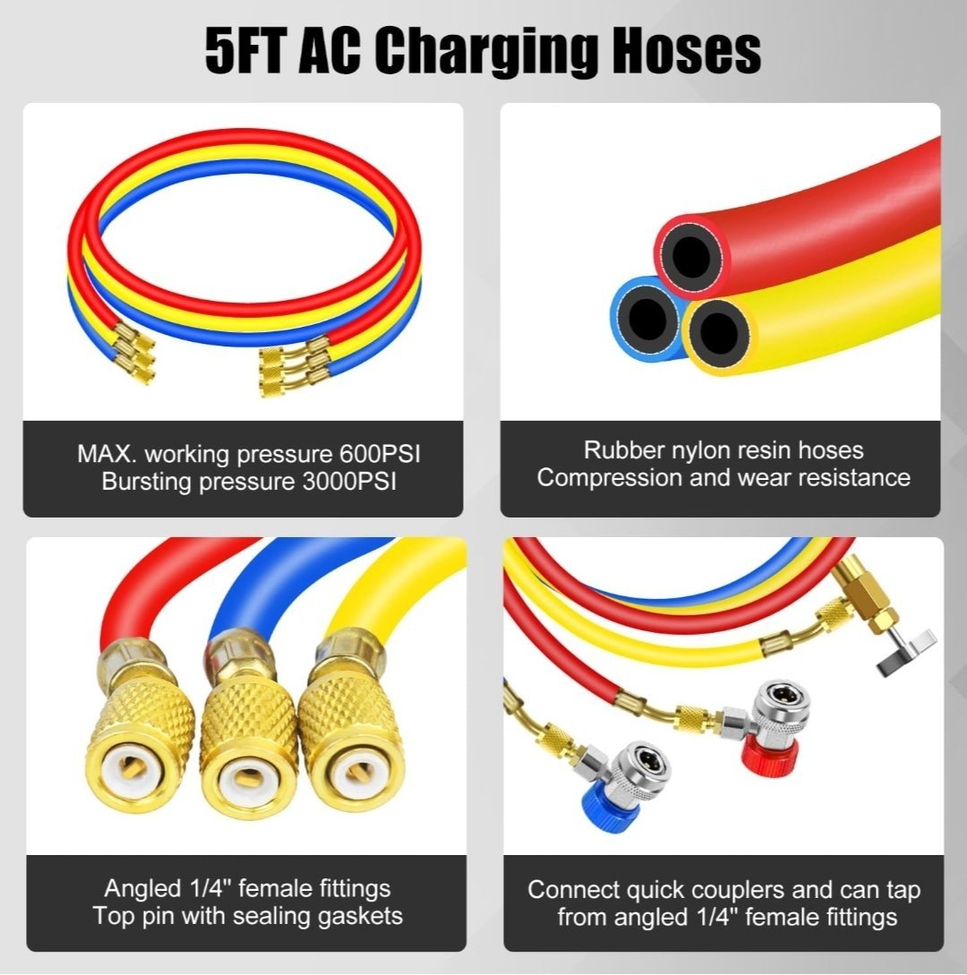 manomètres pour climatisation automobile, kit d'outils de charge de réfrigérant R134a/R404a à 3 voies, avec tuyaux, adaptateur à raccord rapide, robinet et coffret, pour le diagnostic, le test et la recharge du fréon des climatiseurs automobiles. – Image 4