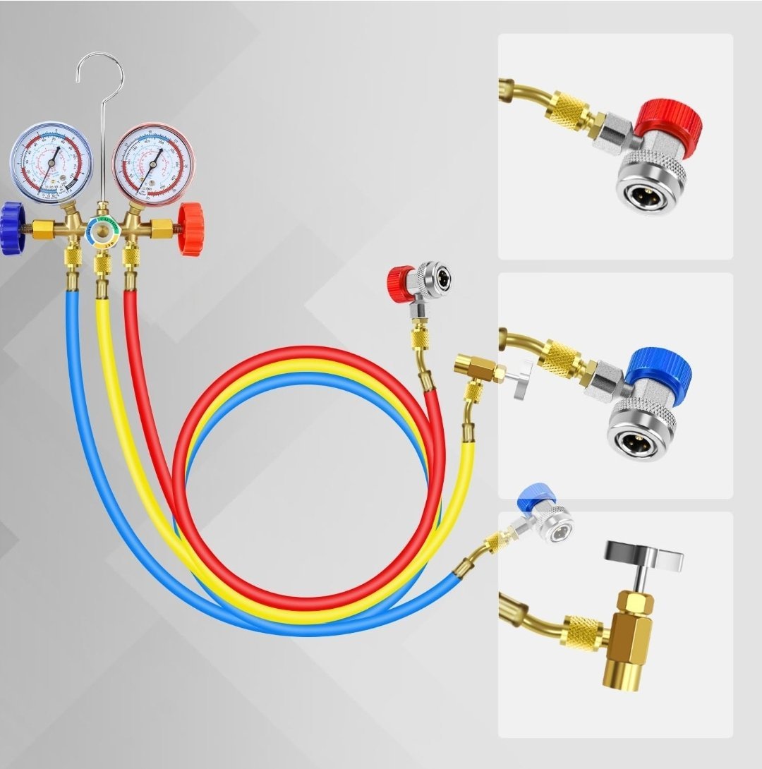 manomètres pour climatisation automobile, kit d'outils de charge de réfrigérant R134a/R404a à 3 voies, avec tuyaux, adaptateur à raccord rapide, robinet et coffret, pour le diagnostic, le test et la recharge du fréon des climatiseurs automobiles. – Image 3