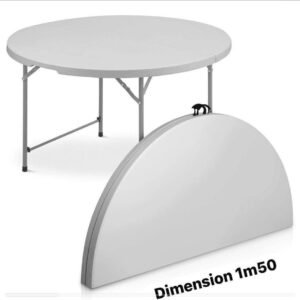 Table pliante ronde de 1,5 m, table ronde portable en plastique robuste, table de salle à manger pliable d'intérieur ou d'extérieur avec poignée, table de salle à manger portable en plastique pour