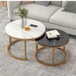 Tables Basses Rondes dorées pour Le Salon Lot de 2, thé Simple pour Le Salon, Bureau en marbre et Cadre en métal Robuste Pieds chromés Petite Chambre à Coucher Moderne