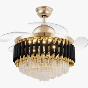 Ventilateur de plafond lustre en cristal avec des pales rétractables, des accents dorés et noirs, et un éclairage LED intégré