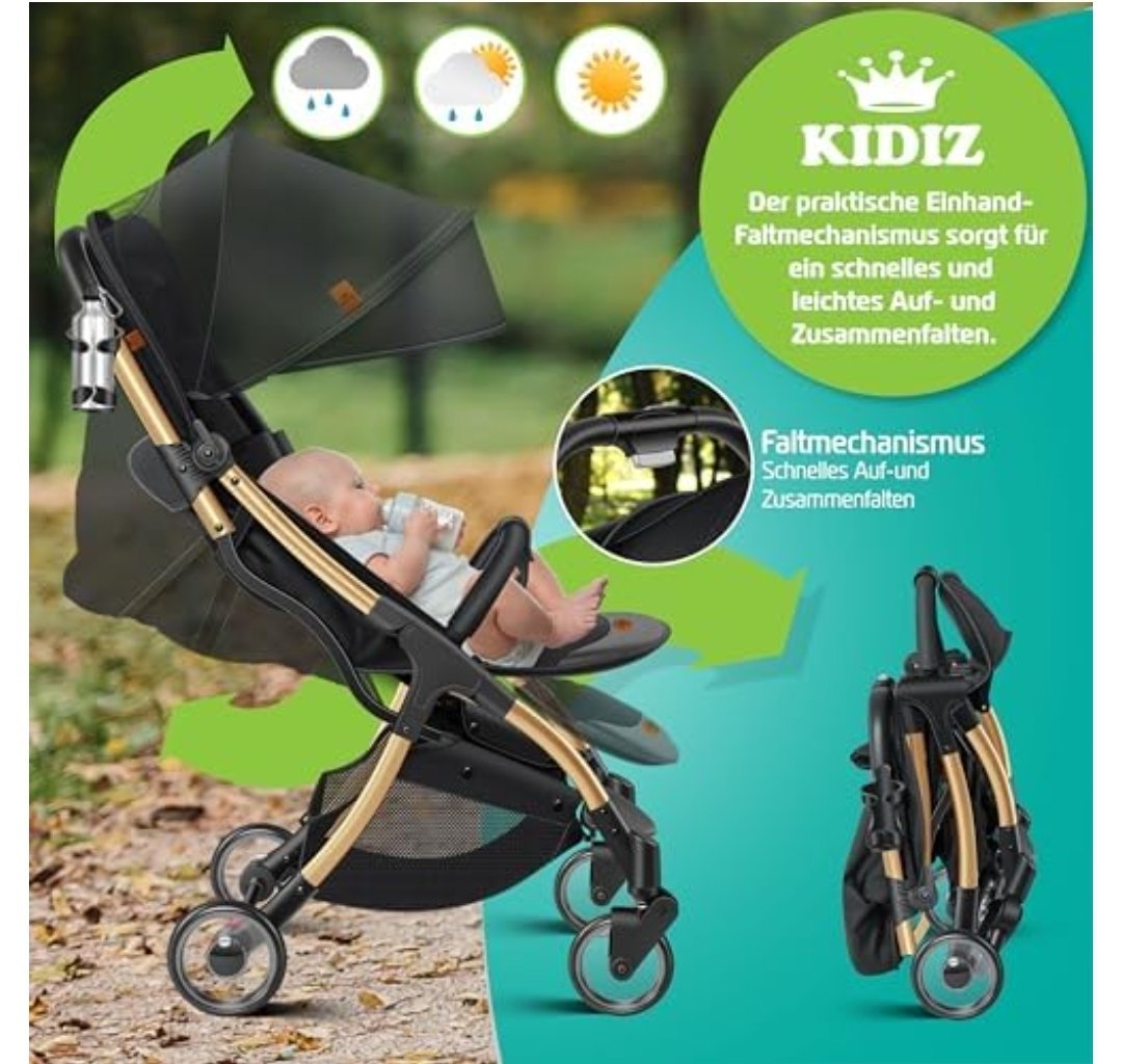 Poussette de Bébé qualités supérieure, pliante, roues à 360°, harnais 5 points, porte-boissons, housse de pluie, dossier réglable, housse de soleil, Champagne – Image 3