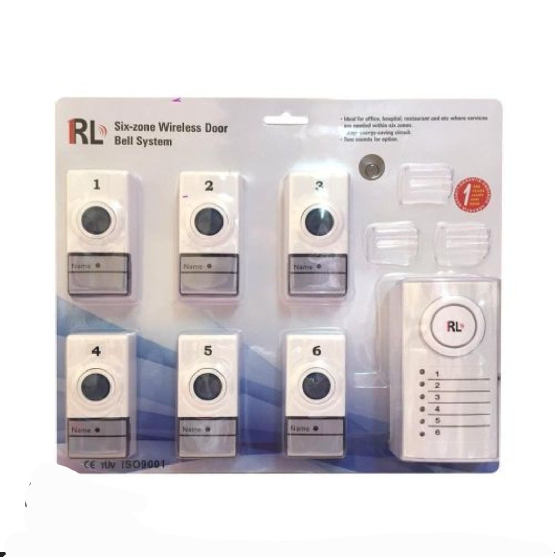 sonnette sans fil six zones de marque RL, idéal pour les bureaux, hôpitaux, restaurants et autres lieux où des services sont nécessaires dans plusieurs zones