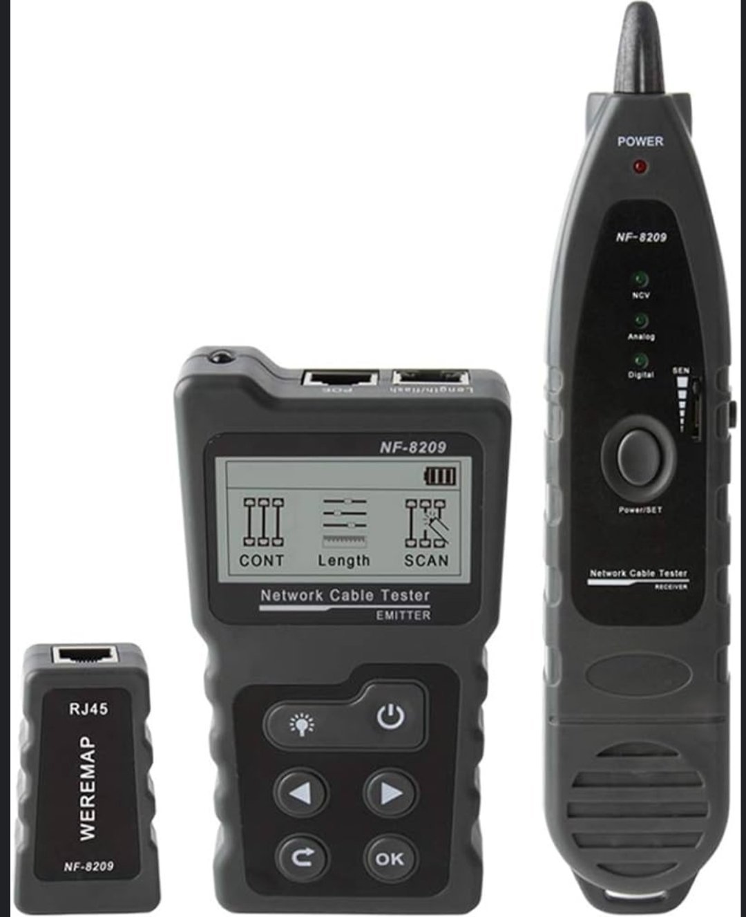 Testeur de câbles réseau NF-8209 : outil de suivi de câbles, analyse de câblage, testeur de câblage CAT5/CAT6, mesure de longueur, test PoE, fonction NCV, noir