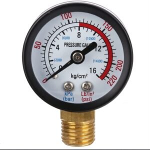 manomètre de pression avec un boîtier noir et une double échelle graduée