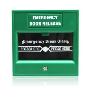 déclencheur manuel d'urgence (Emergency Door Release) de couleur verte, utilisé pour déverrouiller immédiatement les portes sécurisées électroniquement en cas d'urgence