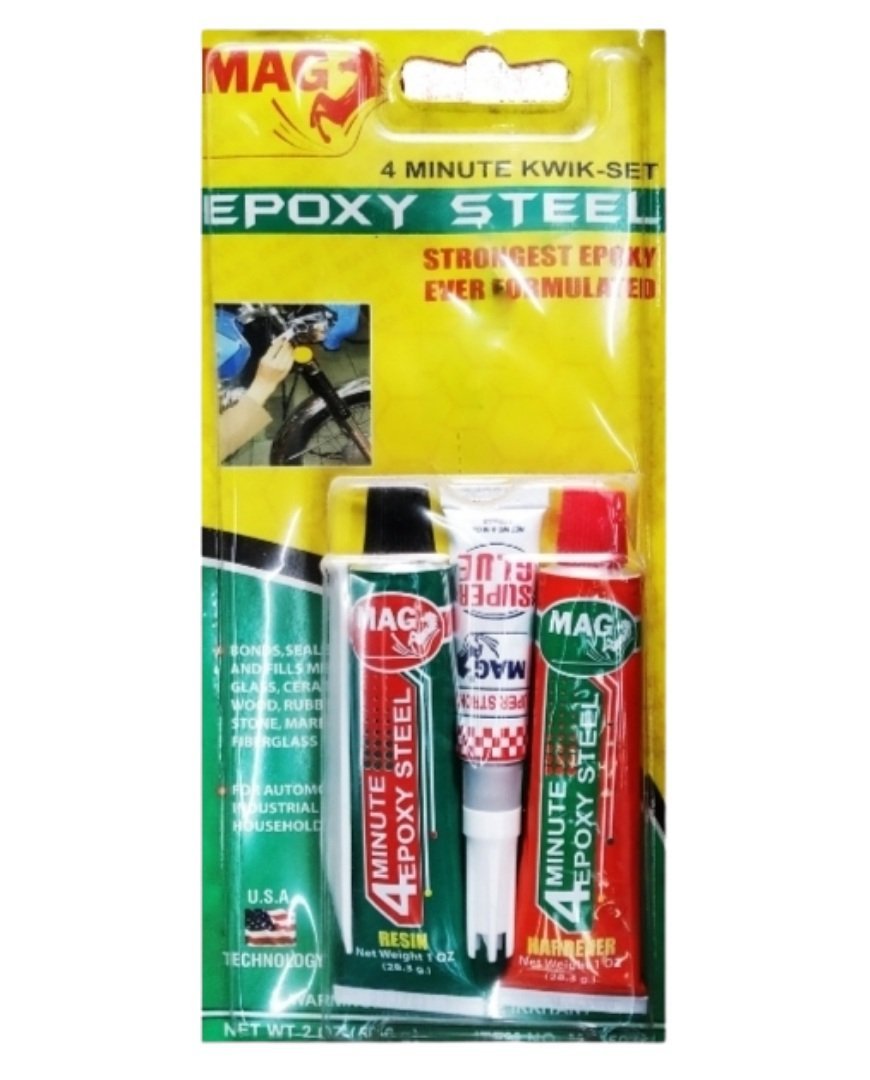 Colle époxy MAG Kwik-Set, colle époxy bicomposant couleur acier, conçue pour durcir en 4 minutes