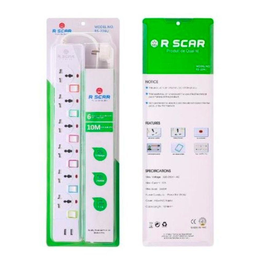 Rallonge Électrique R SCAR RS-226U - 6 Prises avec 2 Ports USB