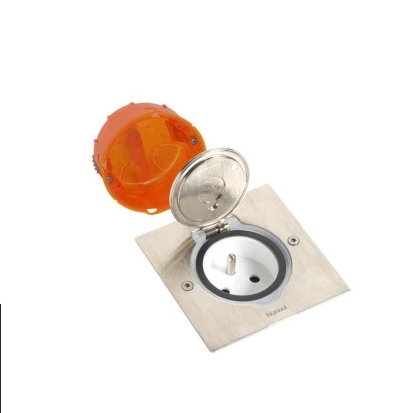 Prise de sol carrée inox étanche IP 44 avec volet de protection + boite à encastrer