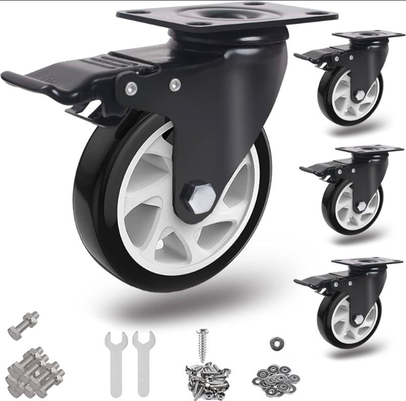 Roulette Pivotante avec Frein 125 mm, 4 Roulettes pour Meubles Roulettes Charge Lourde Roue Plaques Industrielles Transport, Max 900KG