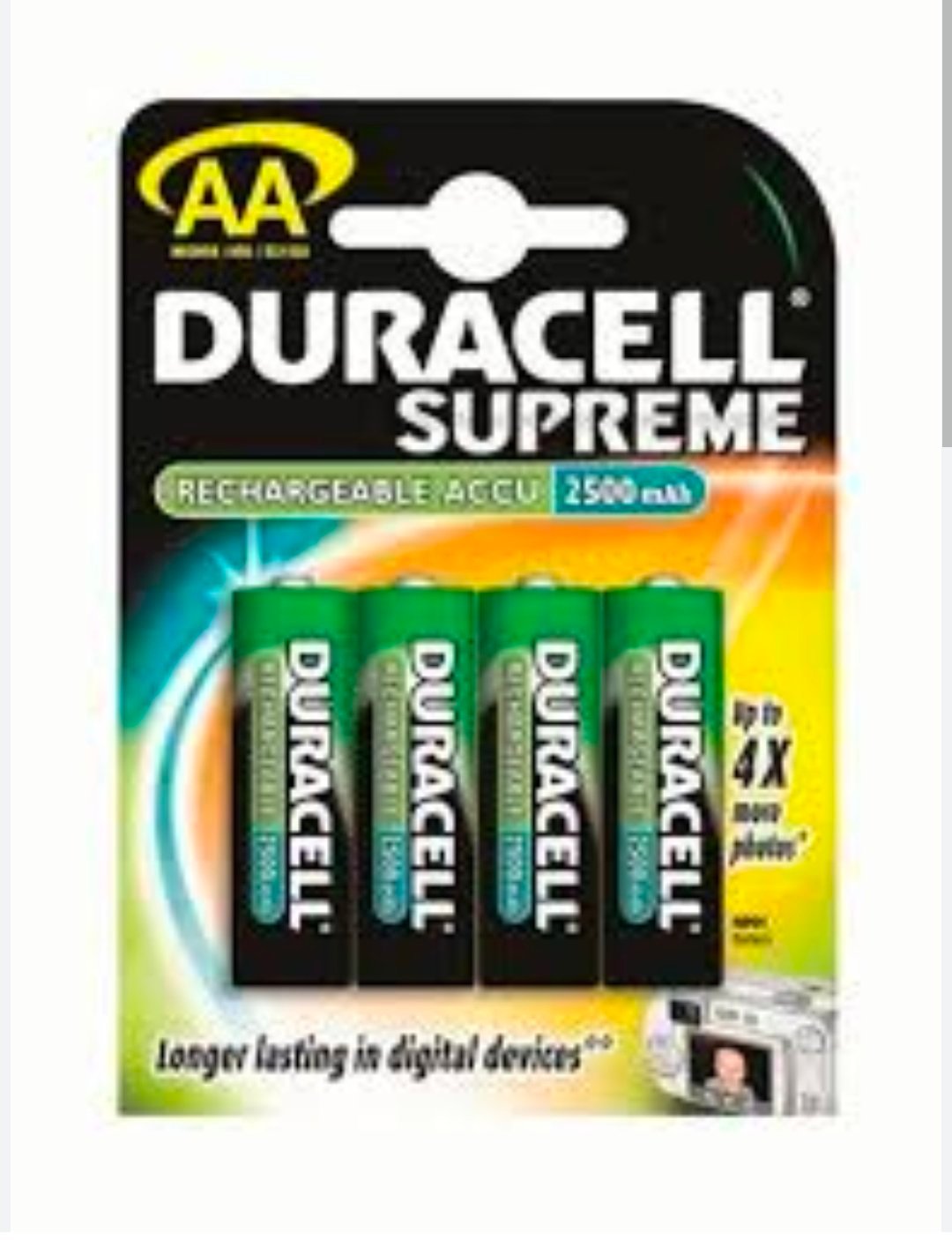 Pile rechargeable Duracell AA,Batterie rechargeables Duracell Supreme AA affichant une capacité de 3800 mAh.