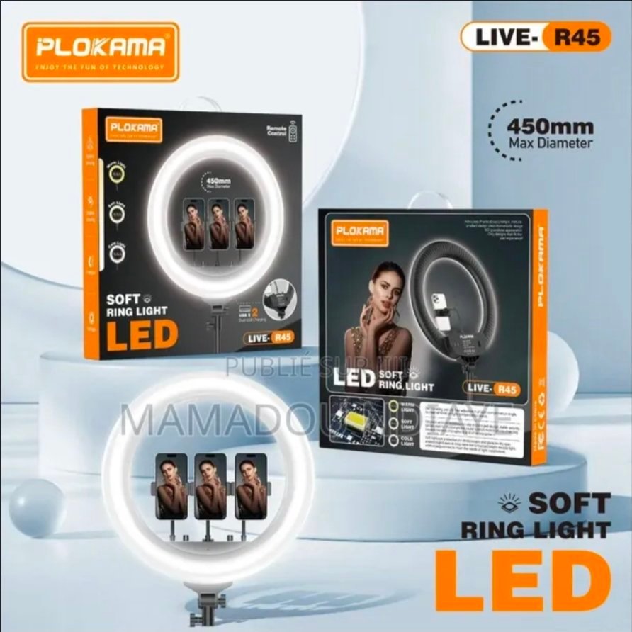 Anneau lumineux LED souple Plokama R45 45 cm - Rotation panoramique et inclinaison à 360°, conception antidérapante, télécommande sans fil, luminosité et température de couleur réglables, protection des yeux