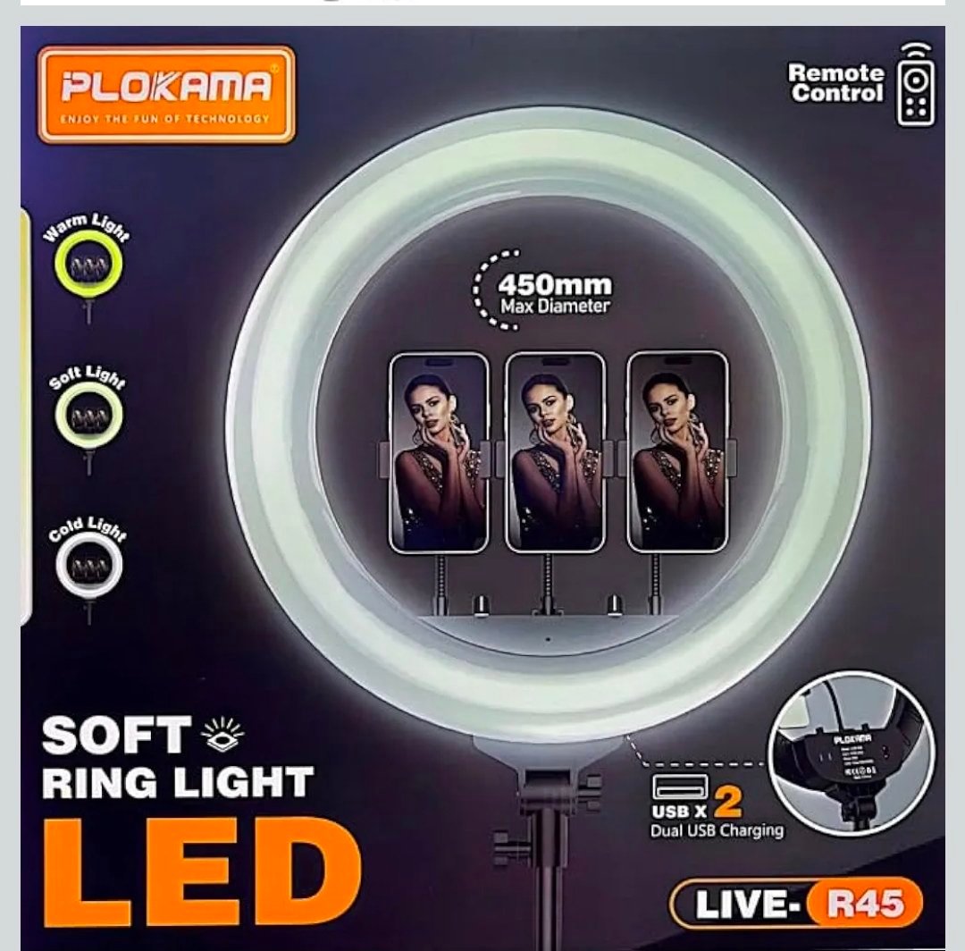 Anneau lumineux LED souple Plokama R45 45 cm - Rotation panoramique et inclinaison à 360°, conception antidérapante, télécommande sans fil, luminosité et température de couleur réglables, protection des yeux – Image 5