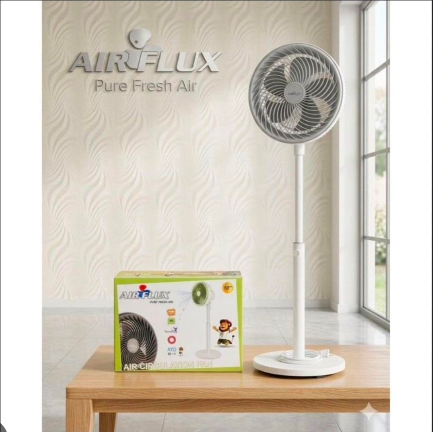 ventilateur sur pied Air Flux, modèle AF-1673, mesure 8 pouces et dispose de cinq pales pour une ventilation puissante