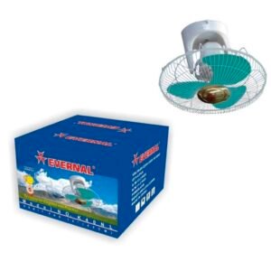 Ventilateur plafonnier Evernal de 40 cm possède des pales vertes distinctives et est présenté dans son emballage d'origine